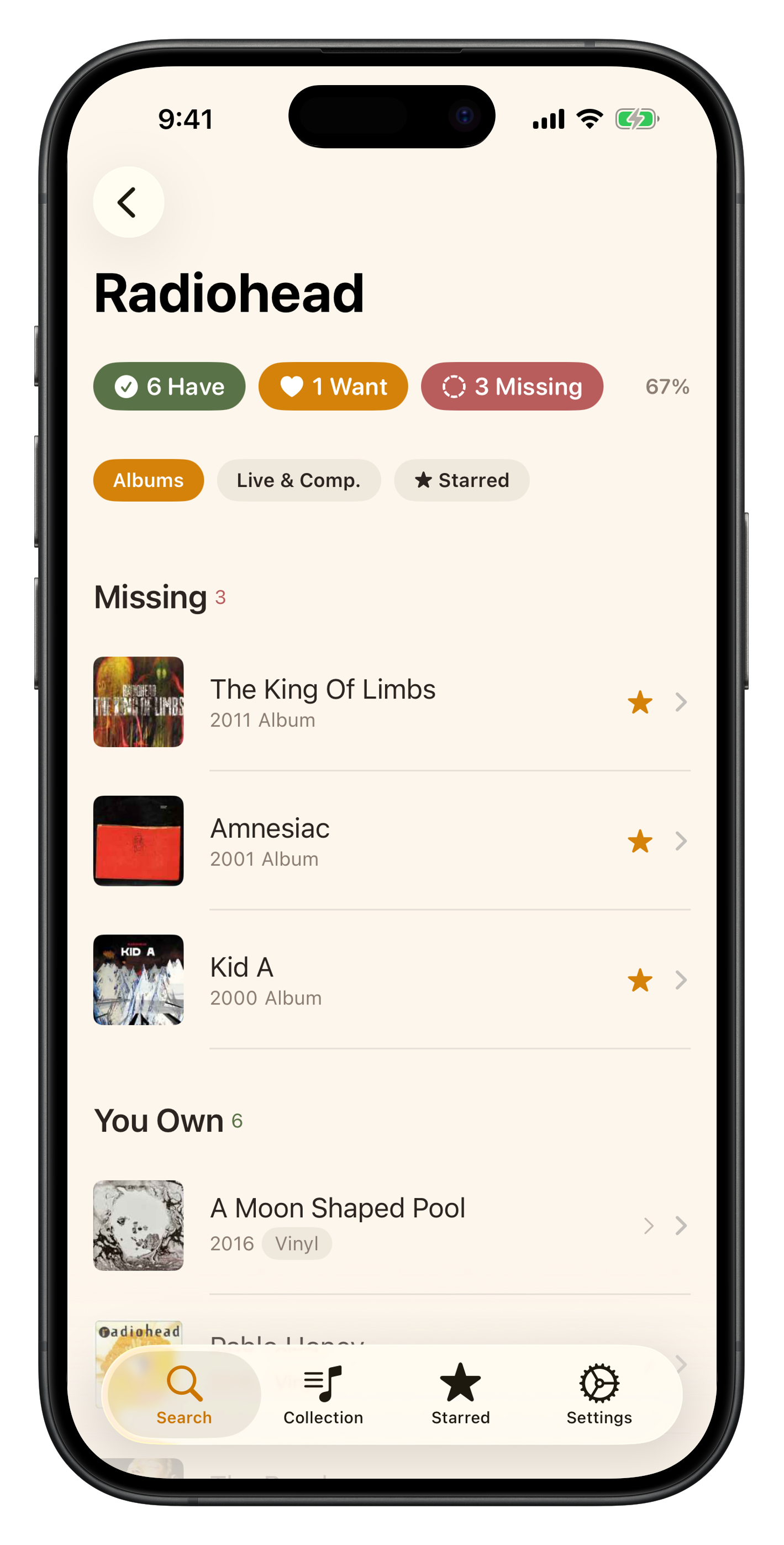 DiscList showing Radiohead discography — 6 owned, 3 missing